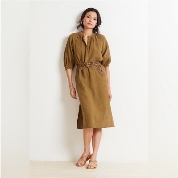 Sundry Anthropologie Henley Boho Brown Loose Cotton Gauze Midi Dress Small Brown - Picture 2 of 10